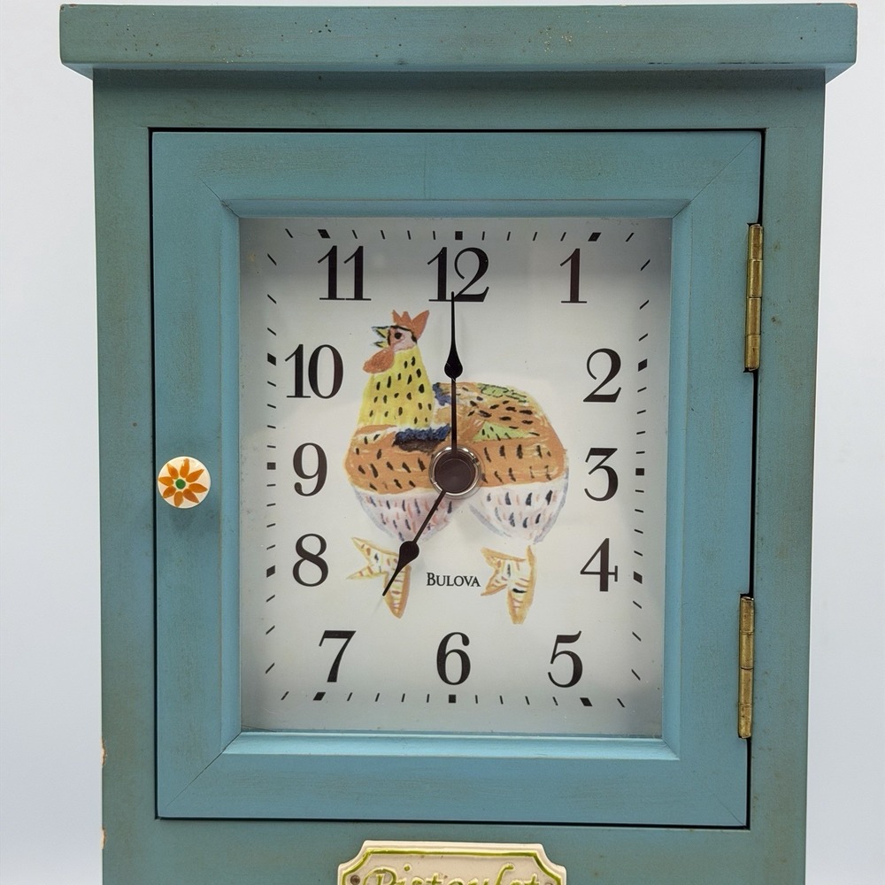 Pfaltzgraff Pistoulet Wooden Bulova Mantel Clock Blue Farmhouse Vintage Decor - Picture 2 of 11